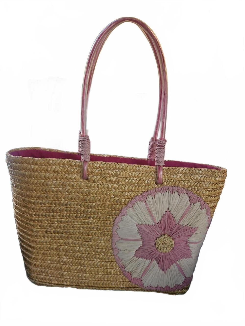Bloomindales Straw Tote Bag with Embroidered Pink White Flower Pocket